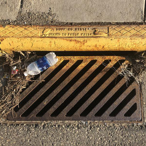 Storm drain with sticks and a plastic water bottle trapped on top.